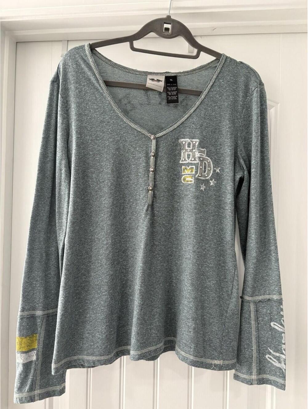 Harley Davidson Women’s CL Blue Henley Shirt Graphic Embellished Pullover Top